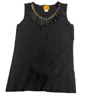 Ruby Rd. Black Ribbed Tank Top with Beaded & Fringe Neckline - Size M‎